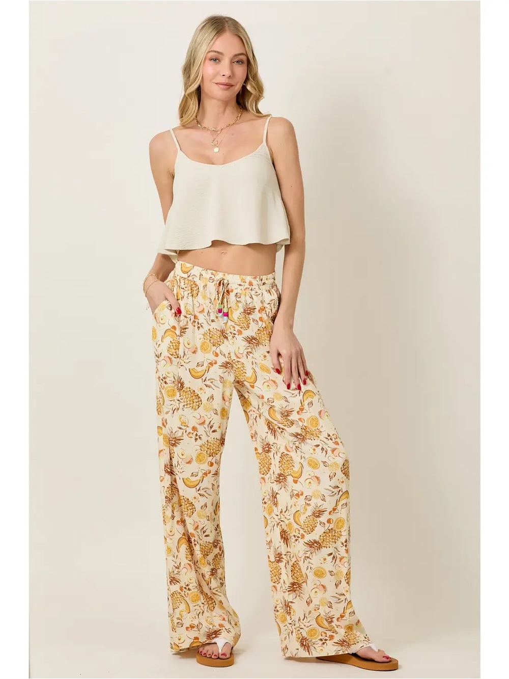 Pineapple Print Colorful Beaded Tie Elastic Waistband Pants